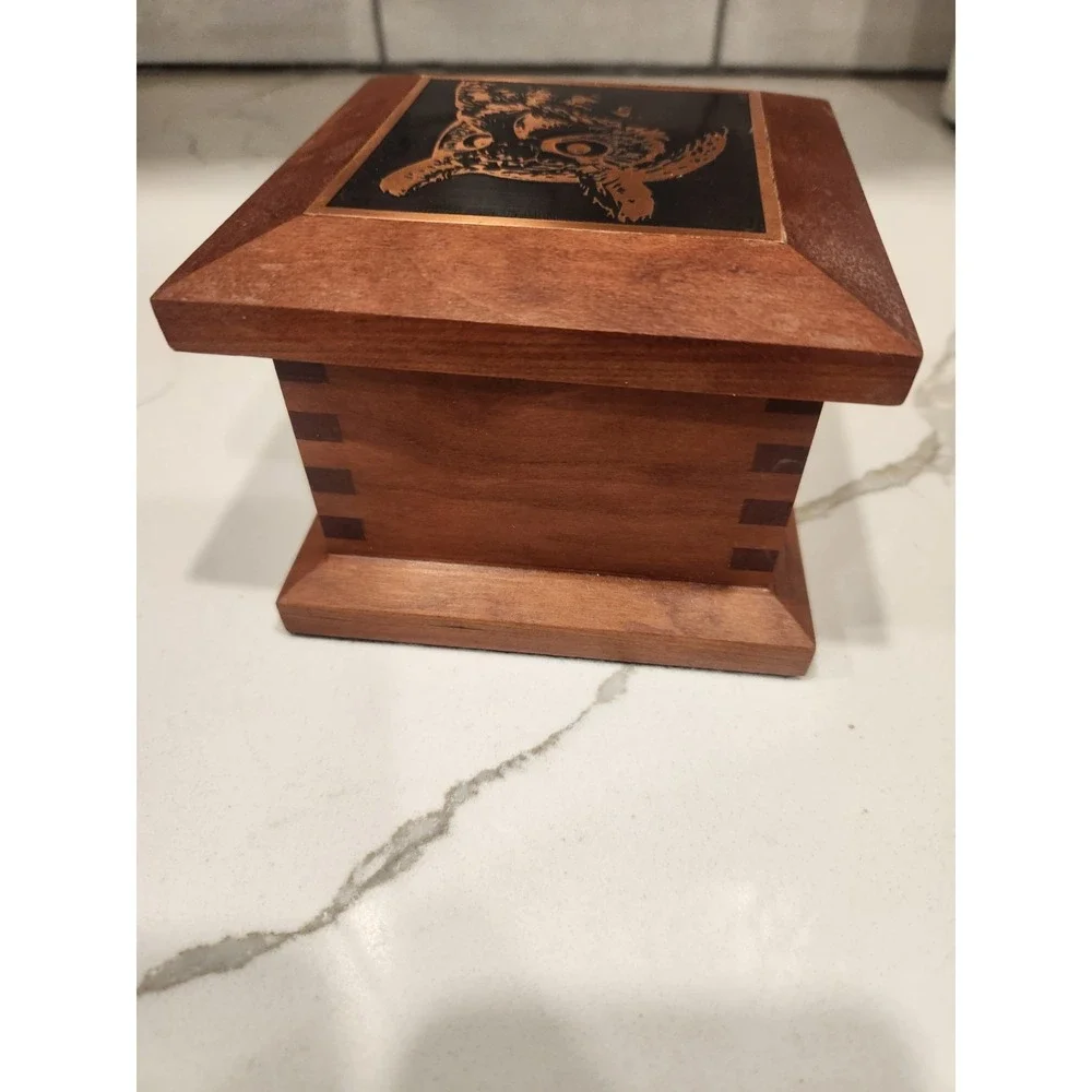 Hand Made Wood Lidded Trinket  Jewelry‎ Box With Copper Etched Horned Owl On Lid